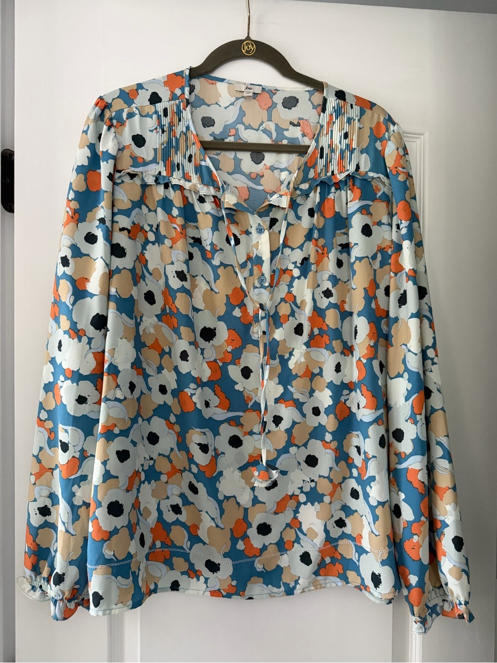 Joie XL Blue Abstract Floral Pintuck Tie Neck Peasant Blouse Boho - Picture 2 of 7